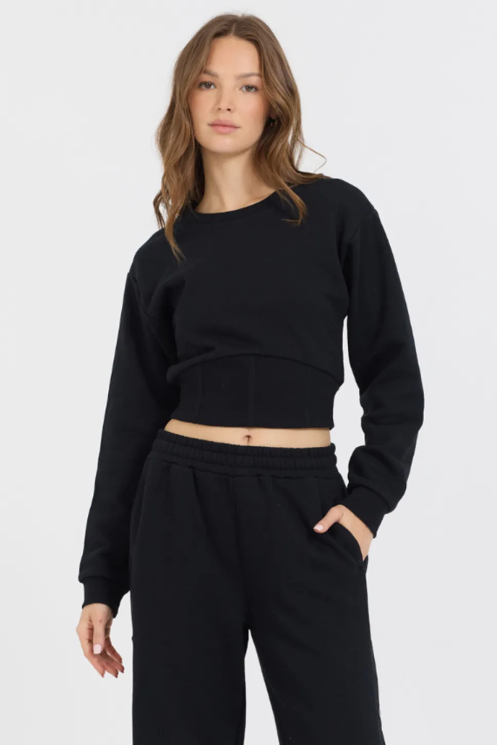 Black Brushed Fleece Corset Crew-Vintage Havana Best