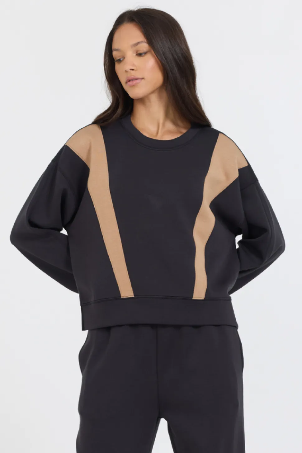 Black/ Caramel Colorblock Insert Cloud Fleece Crew-Vintage Havana Online