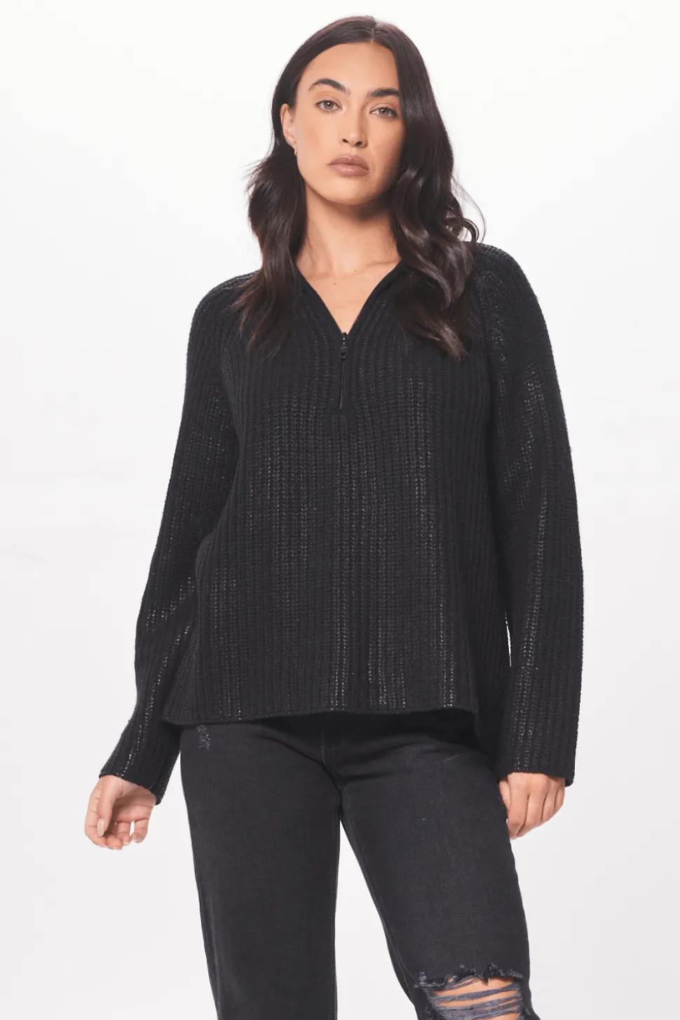 Black Coated Quarter Zip Sweater-Vintage Havana Online