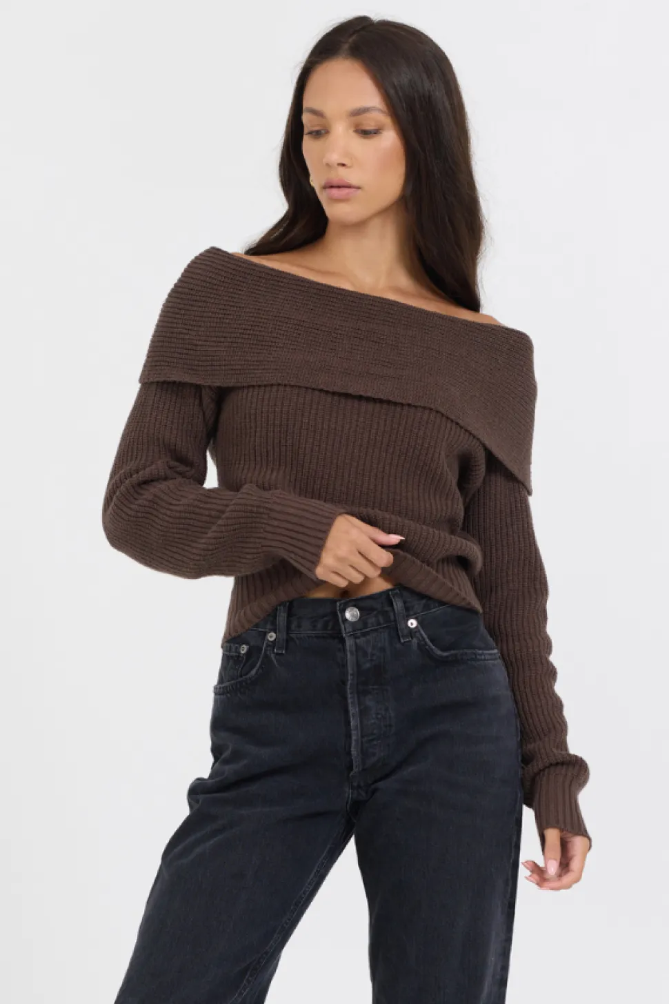 Espresso Off ShoulderBack Zip Sweater-Vintage Havana Best