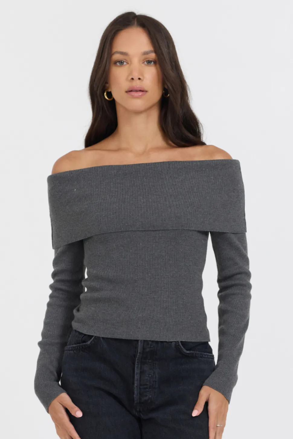 Heather Charcoal Off Shoulder Sweater-Vintage Havana Outlet