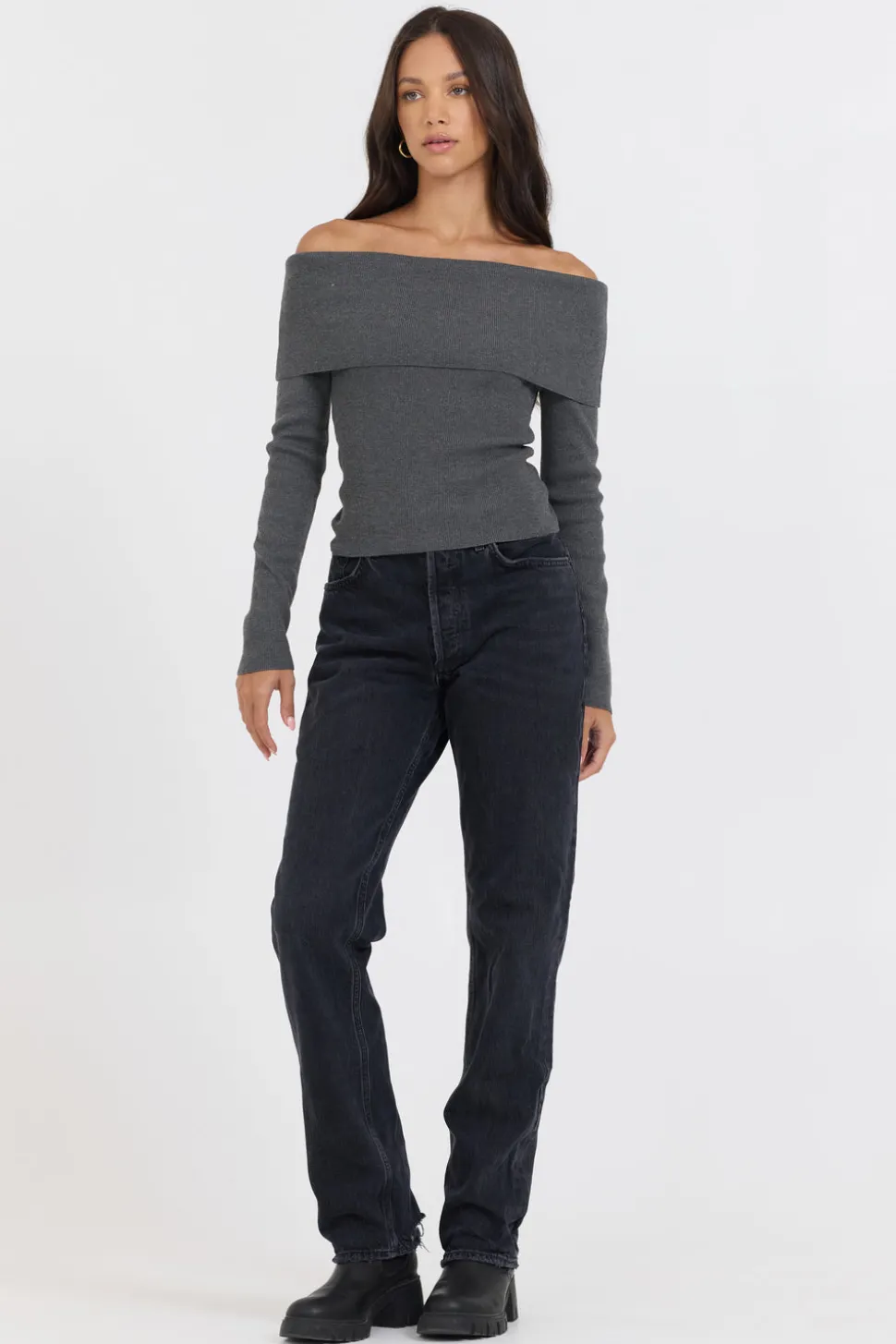 Heather Charcoal Off Shoulder Sweater-Vintage Havana Outlet