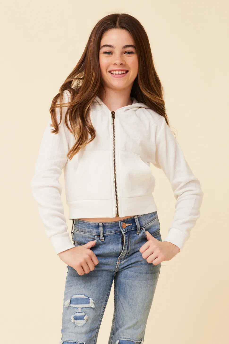 Ivory Crop Zip Up Thermal Hoodie-Vintage Havana Fashion