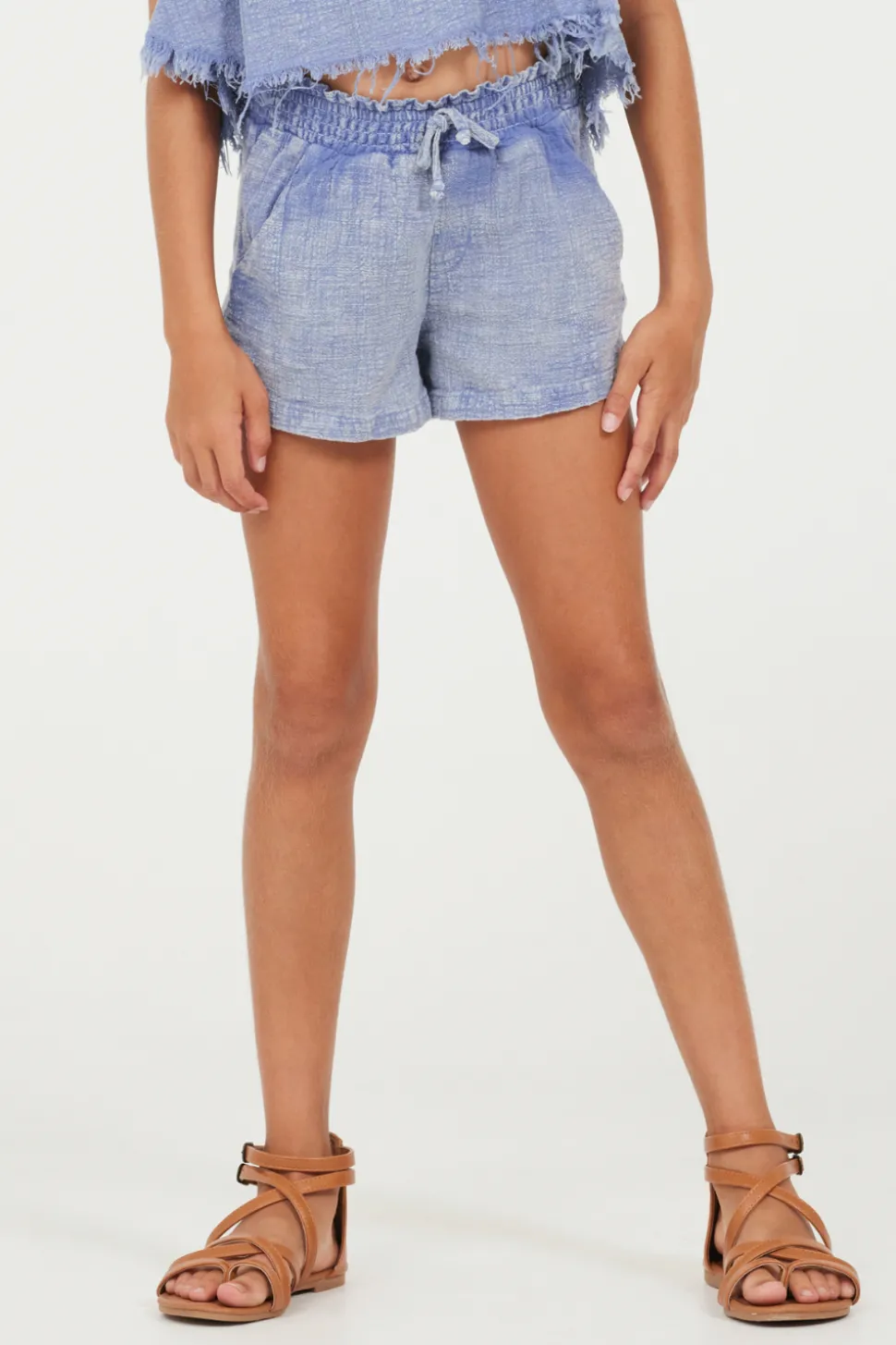 Plush Blue Washed Texture Shorts-Vintage Havana Fashion