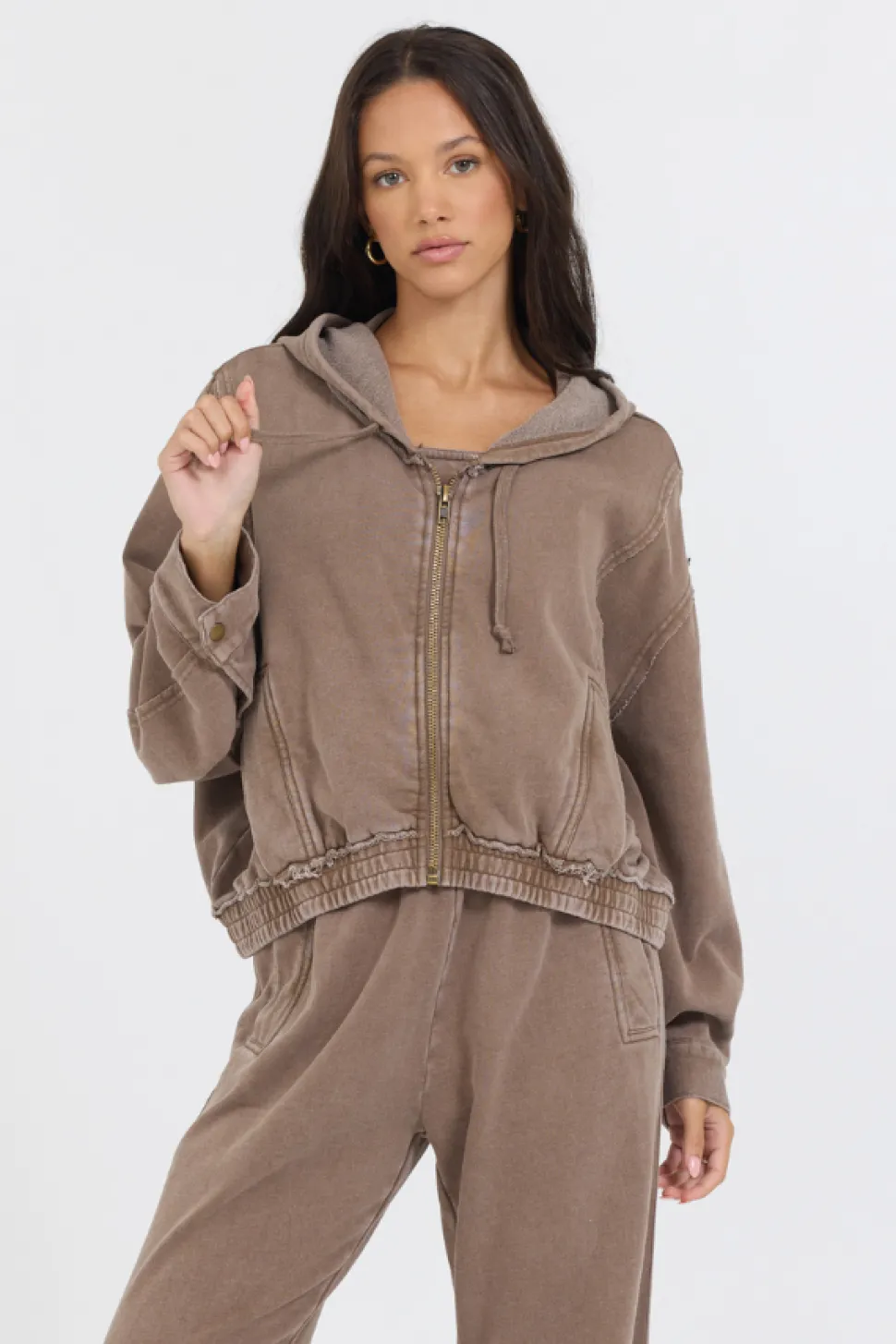 Washed Mocha Garment Dye French Terry Zip Up Hoodie-Vintage Havana Best Sale